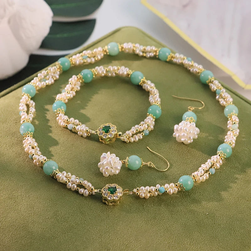 GLSEEVO Natural Freshwater Pearl & Green Stone Jewelry Set | Necklace & Bracelet | GS0241 | SASSARRI Collection