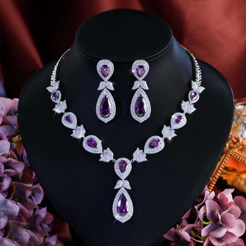 Gorgeous Purple White Cubic Zirconia Stone Luxury Big Long Water Drop Bridal Wedding Evening Party Jewelry Set for Women