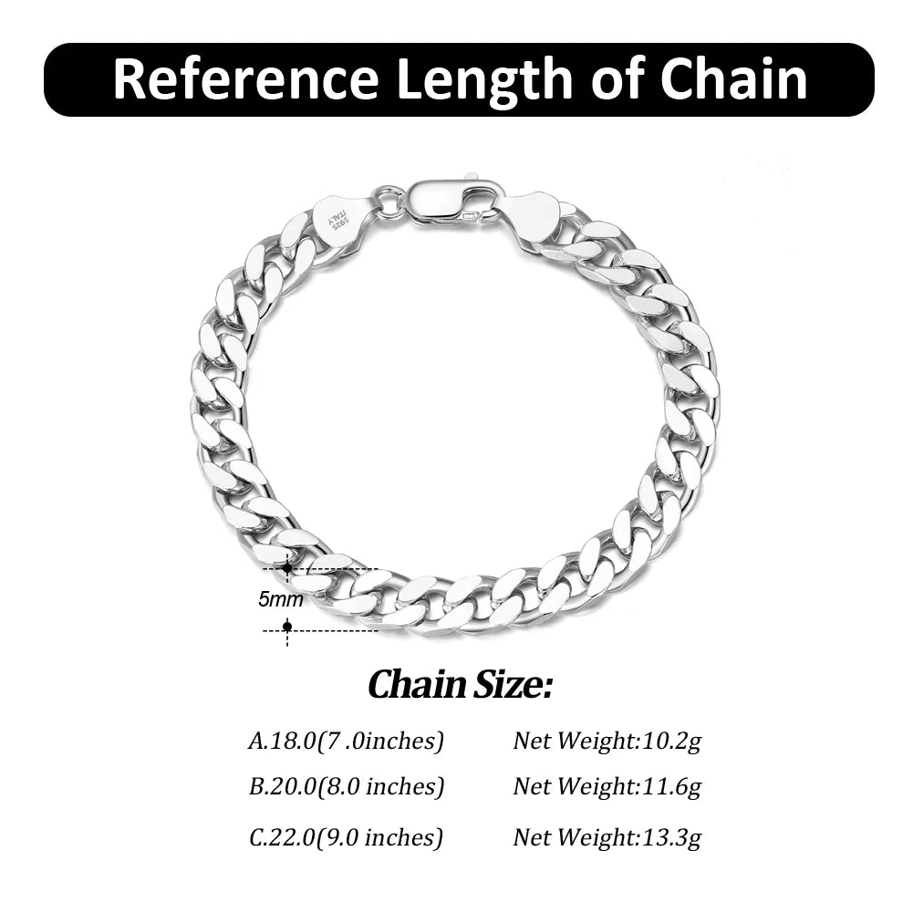 BiG-BOSS BSB105 RINNTIN Solid 925 Sterling Silver Italian Diamond-Cut 5mm Cuban Link Curb Chain Bracelet for Men