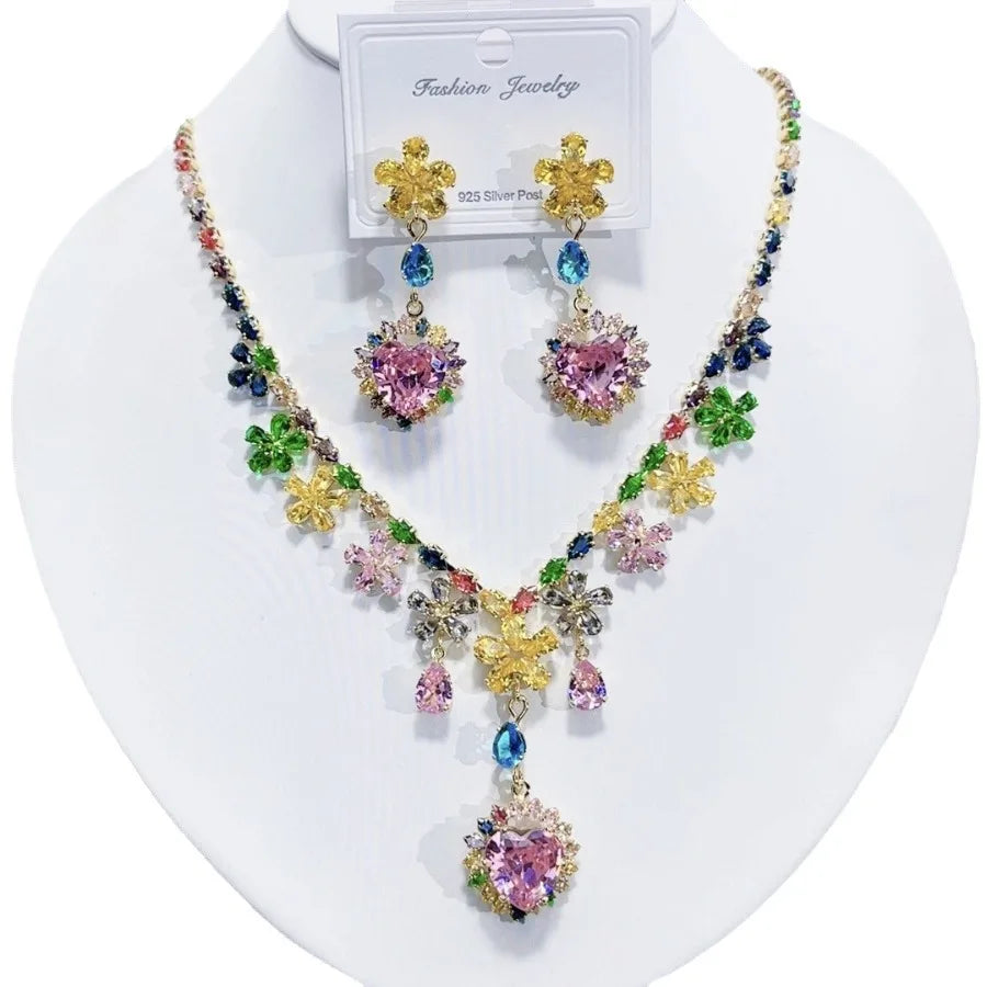 K052 Top Quality Luxury Exquisite Heart and Flower Zircon Necklace Earrings Set Women Elegant Jewelry Set for Party