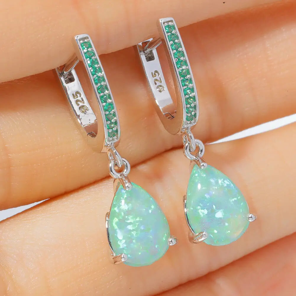 Retro Bohemian Christian Teardrop Green Opal Silver Plated Brass Earrings Elegant Women's Gift Bulk Supply