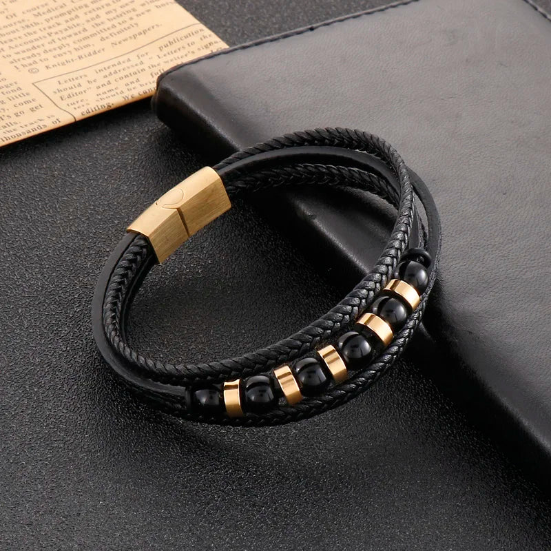 KALEN Men Casual 210mm Braided Leather Bracelet With Stainless Steel Beads