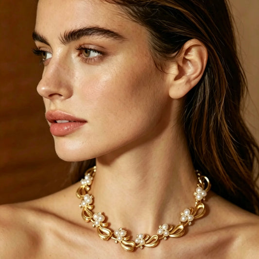 Bella Viva Elegant Curved Ribbon Necklace and Earrings Jewelry Set, 18K Gold Plated Brass, Gift for Women Party, Banquet & Daily