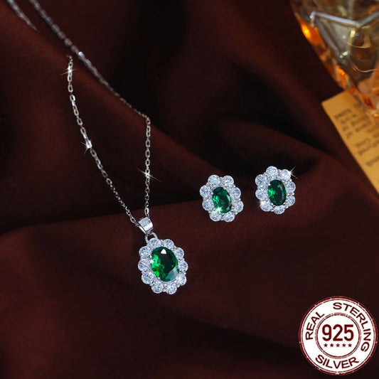 925 Sterling Silver Green Oval CZ Jewelry Set Rhodium Plated Flower Pendant Necklace Stud Earrings Bridal Wedding Engagement