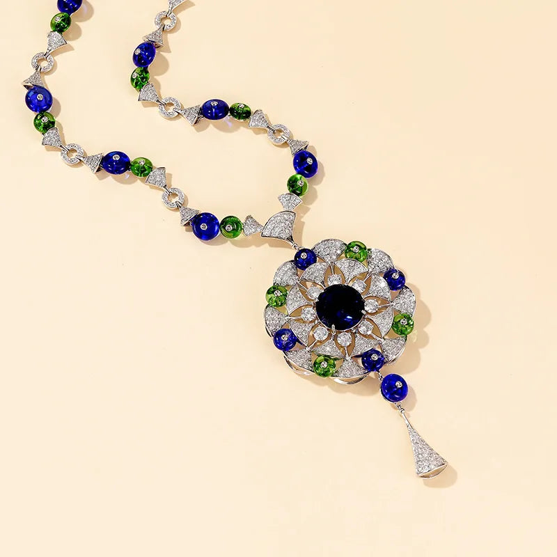 Middle Eastern Luxury Big Flower Pendant Tassel Sweater Chain Necklace & Earrings Set — Rhodium Plated
