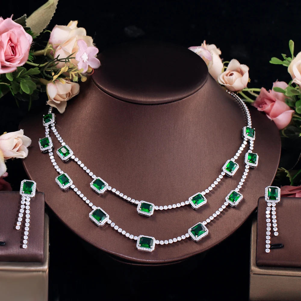 Generous Design Rectangle Cubic Zirconia Necklace and Earrings Set Wedding Bridal Party Green Jewelry Set for Women Accessories
