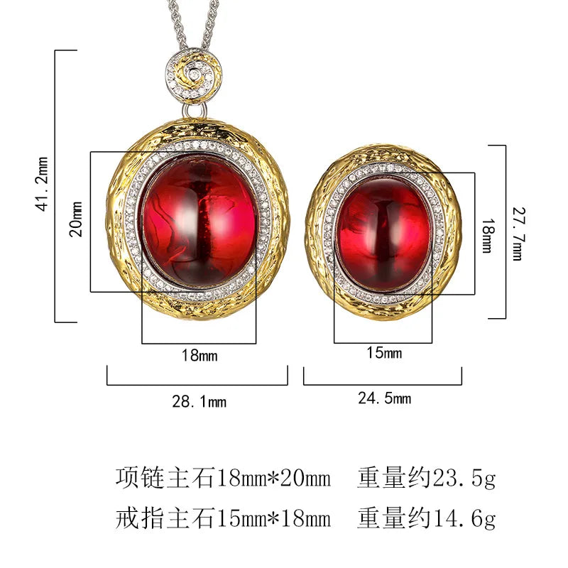 REDheart Brass Inlaid Zircon Plated Gold Plated Two-Color Open Ring Simulation Pointed Texture Pendant Necklace Set for Wedding