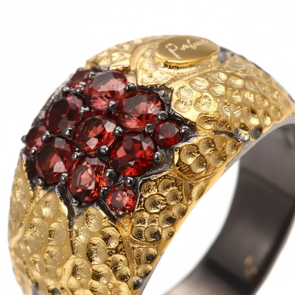 New Design Italy Style Garnet Stone 925 Sterling Silver Ring with Gold Plated