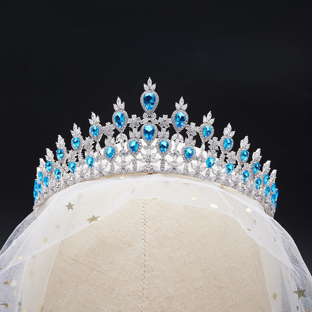 014129 Luxury Color Cubic Zircon Crystal Crowns for Women Tiara Queen for Wedding Bridal Headpiece Hair Jewelry Accessories