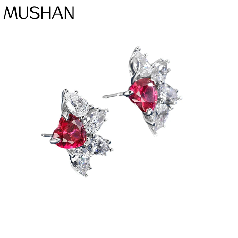 MUSHAN Jewelry Factory 925 Silver 1 Carat Heart Shaped 7*7 Lab Grown Ruby Earrings High End European and American Style