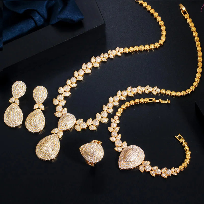 Dubai Gold Super Luxury Big Water Drop Cubic Zirconia African Jewelry Sets CZ Women Dangle Earrings Necklace for Wedding Bridal