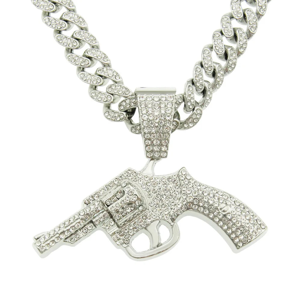 Hip Hop Jewelry 14k Gold Plated Gun Pendant Iced Out Diamond Cuban Chain Necklace for Men Fashion Jewelry