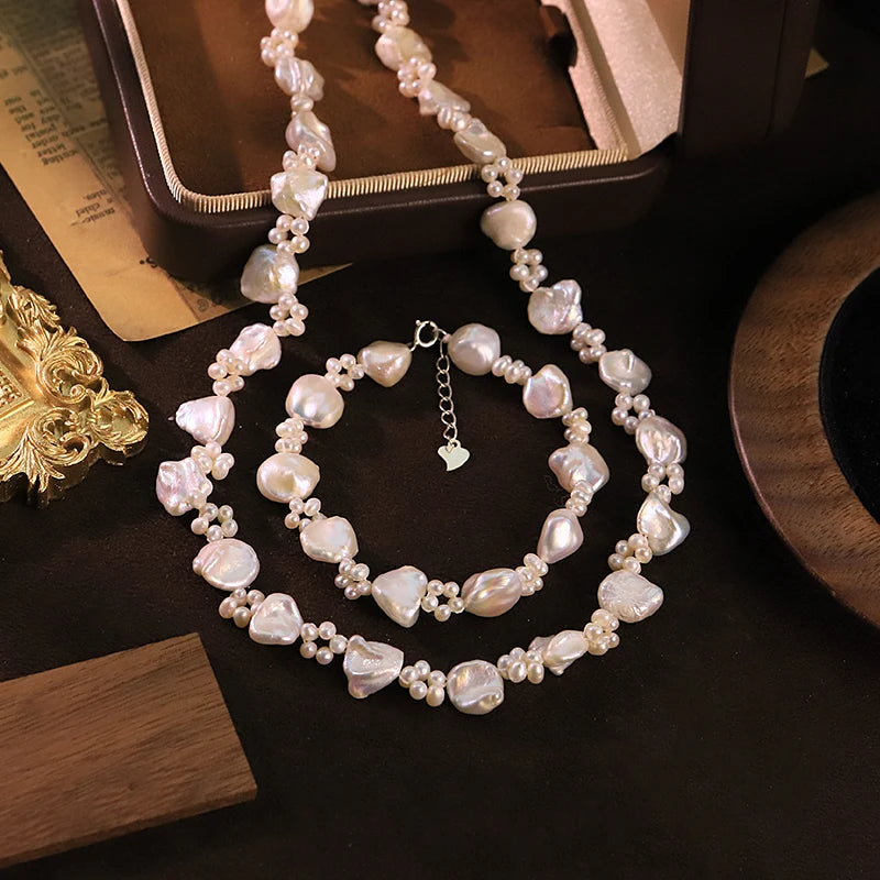 GLSEEVO  Natural Freshwater Pearl Flower Jewelry Set for Women Wedding Engagement Floral Pearl Necklace Bracelet Fashion Jewelry