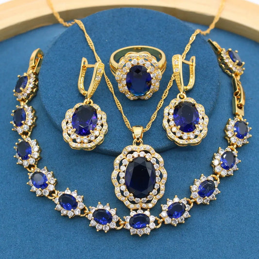 Dubai Bridal Wedding Jewelry Sets for Women Gold Plated Rainbow Necklace Earrings Bracelet Ring Set