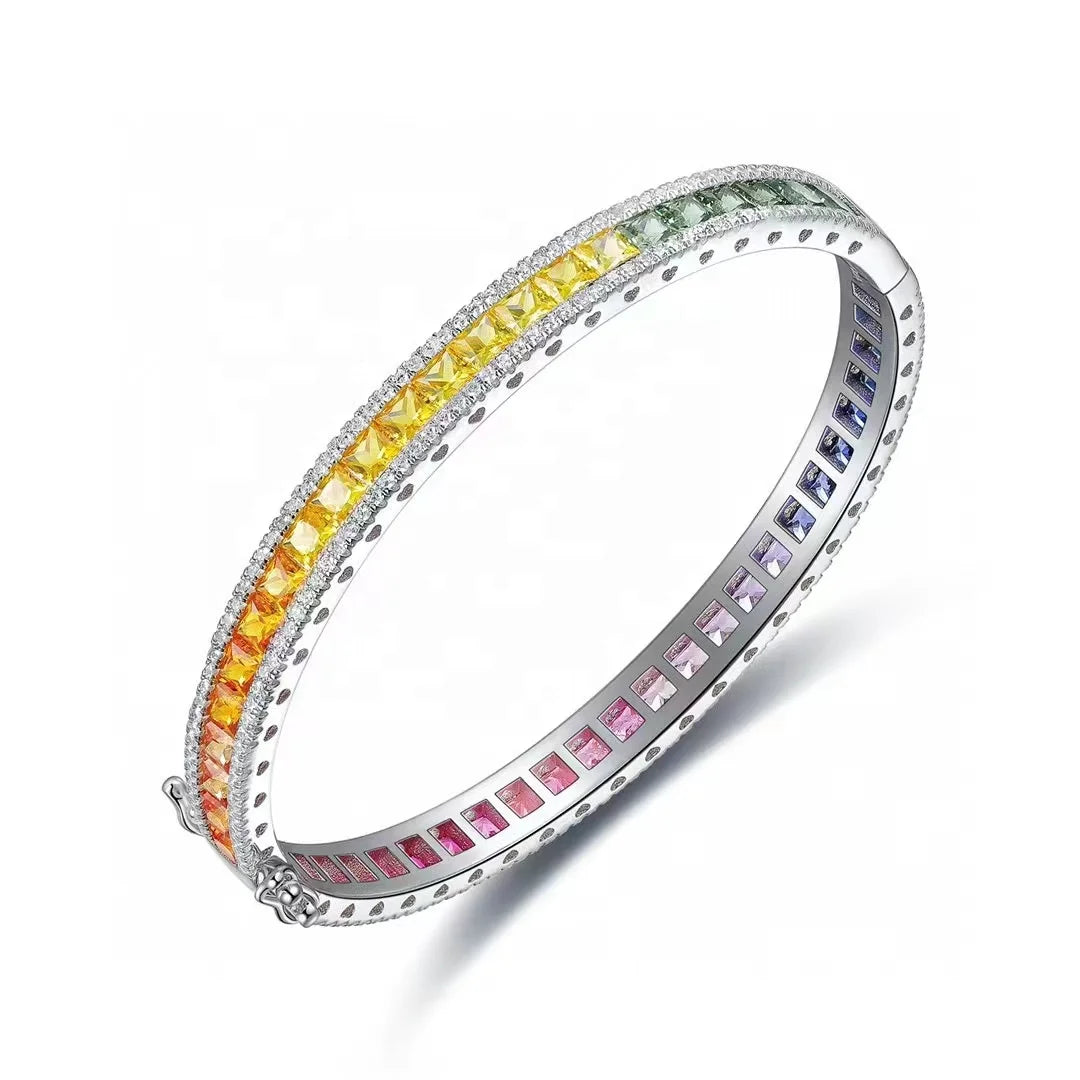 Gemfiori Anster Factory Price Trendy Princess Tennis Bracelet S925 Silver Hand Chain with Colored Sapphire Gemstones Fashion Bracelet