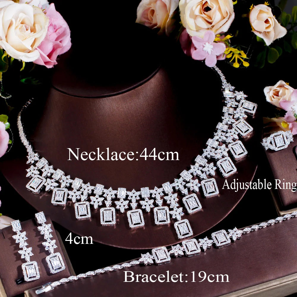 Luxury Saudi Arabia Square Tassel Flower Shaped CZ Jewelry Wedding Drop Earrings Necklace Set for Women Evening Party Accessory