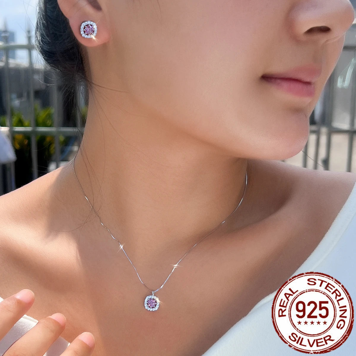925 Sterling Silver Jewelry Set Square Purple Round Cubic Zirconia Pendant Necklace Stud Earrings Jewelry Set for Brides Wedding