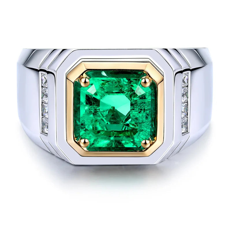 Minimalist Commuter S925 Silver Created Emerald Geometric Shape Ring for Men Women Unisex Set Precious Stones