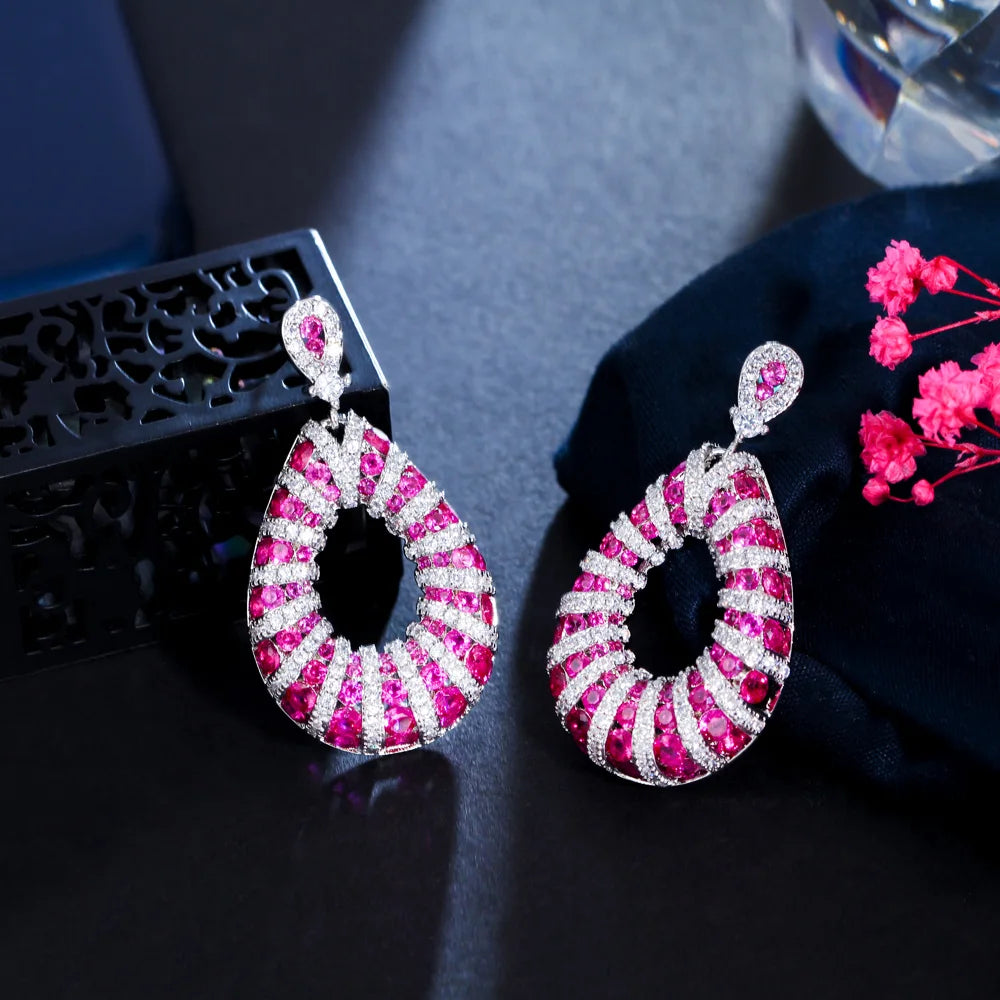 S&S Fuchsia Red Micro Pavé CZ Dangle Drop Earrings | Wedding Party | NewLife