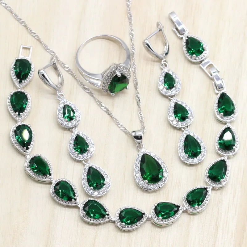 XOTICA Water Drop Zircon Green Stones Jewelry Set Bracelet for Women Platinum Plated Engagement Wedding Party Long Earrings Ring