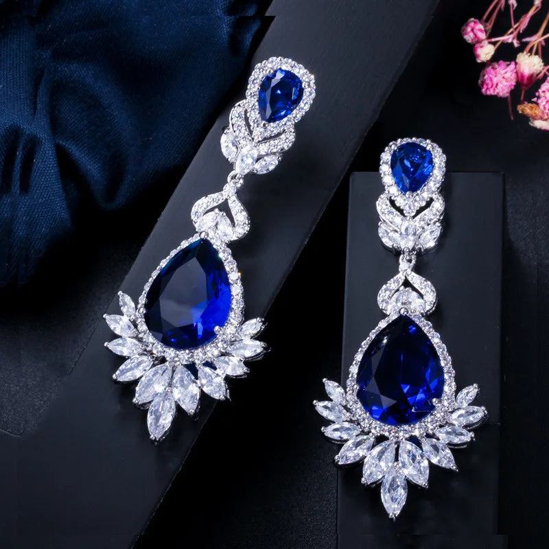 XOTICA Bridal Jewelry Zirconia Oval Cut Claw Setting Drop Earrings Platinum Plated Alloy Geometric Trendy for Women Wedding Gift