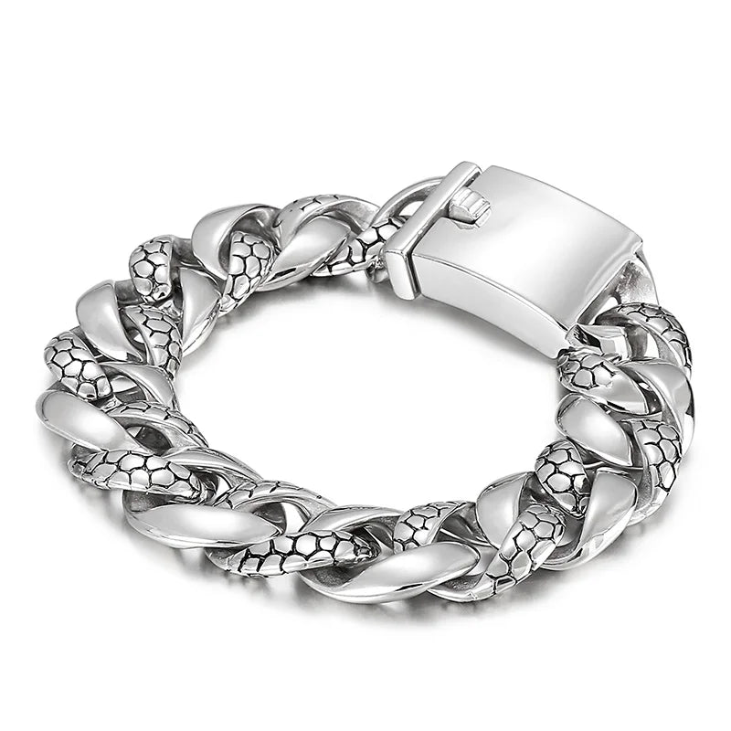 REBEL Polished/Matte Fine Jewelry Fashion Bracelets Men Stainless Steel Snake Skin Cuban Links Bracelet Bangle