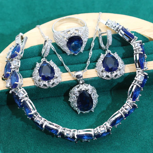 Shine 925 Silver Jewelry Set for Women Wedding Party Including Bracelet Pendant Ring Noble Blue Zircon Perfect Birthday Gift