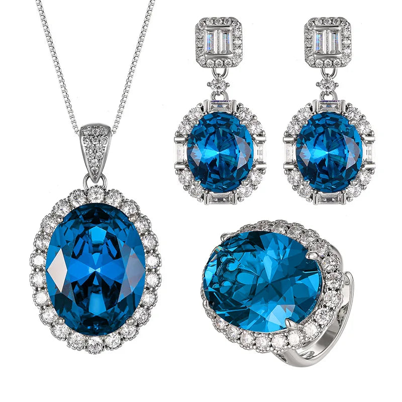 Gemfiori New European and American Luxury Set with Inlaid Blue Zircon Ring Earring Pendant High-end and Exquisite Three Piece Jewelry Set