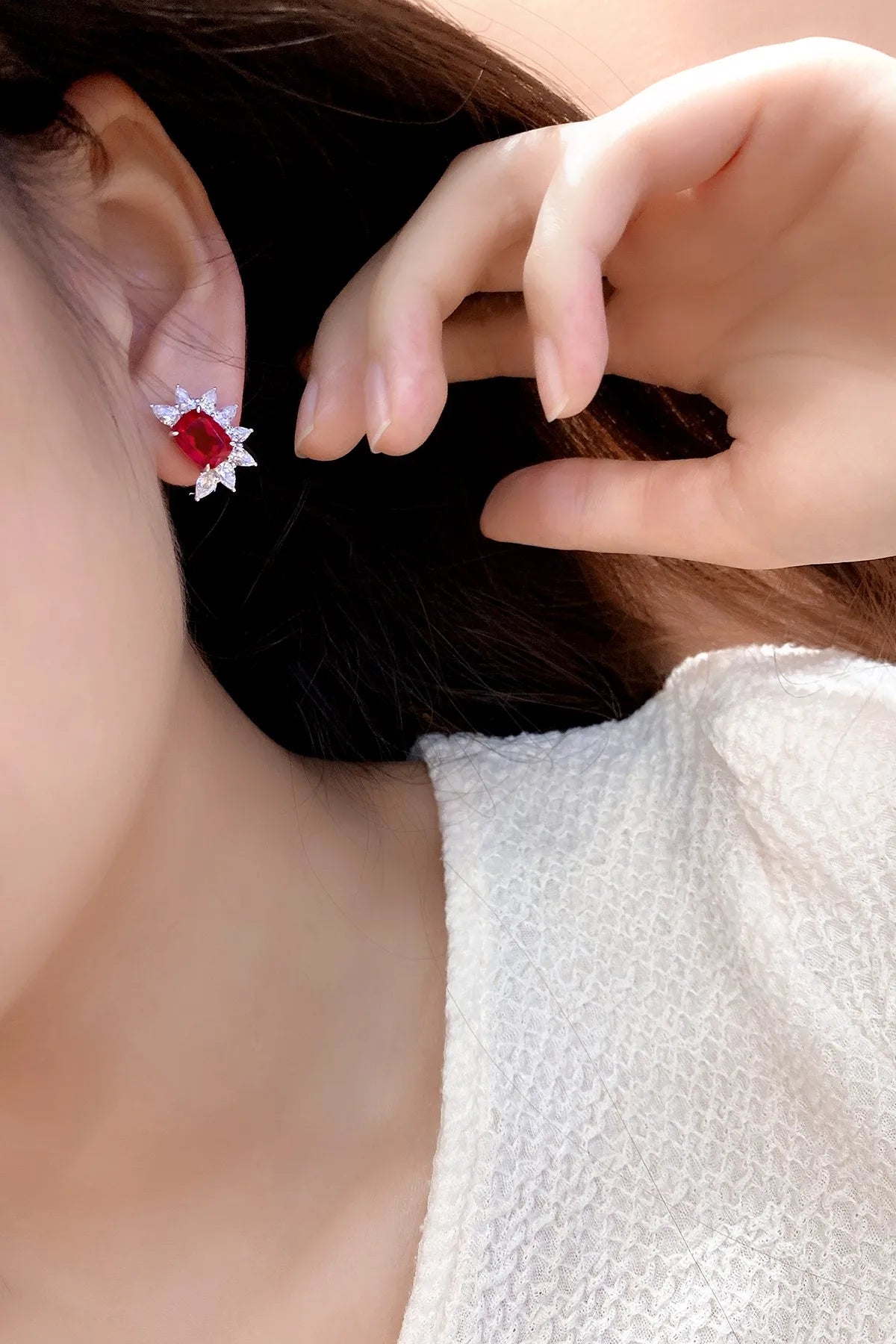 Gemfiori Anster High Quality S925 Lab Grown Ruby Earring Stud Dainty Gemstone Stud Earrings for Women Daily Wear Gift