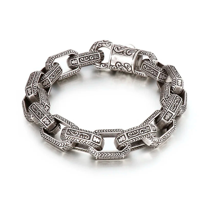 VIKING Mens Vintage Geometric Chain Bracelet – Silver & Ancient Silver Stainless Steel