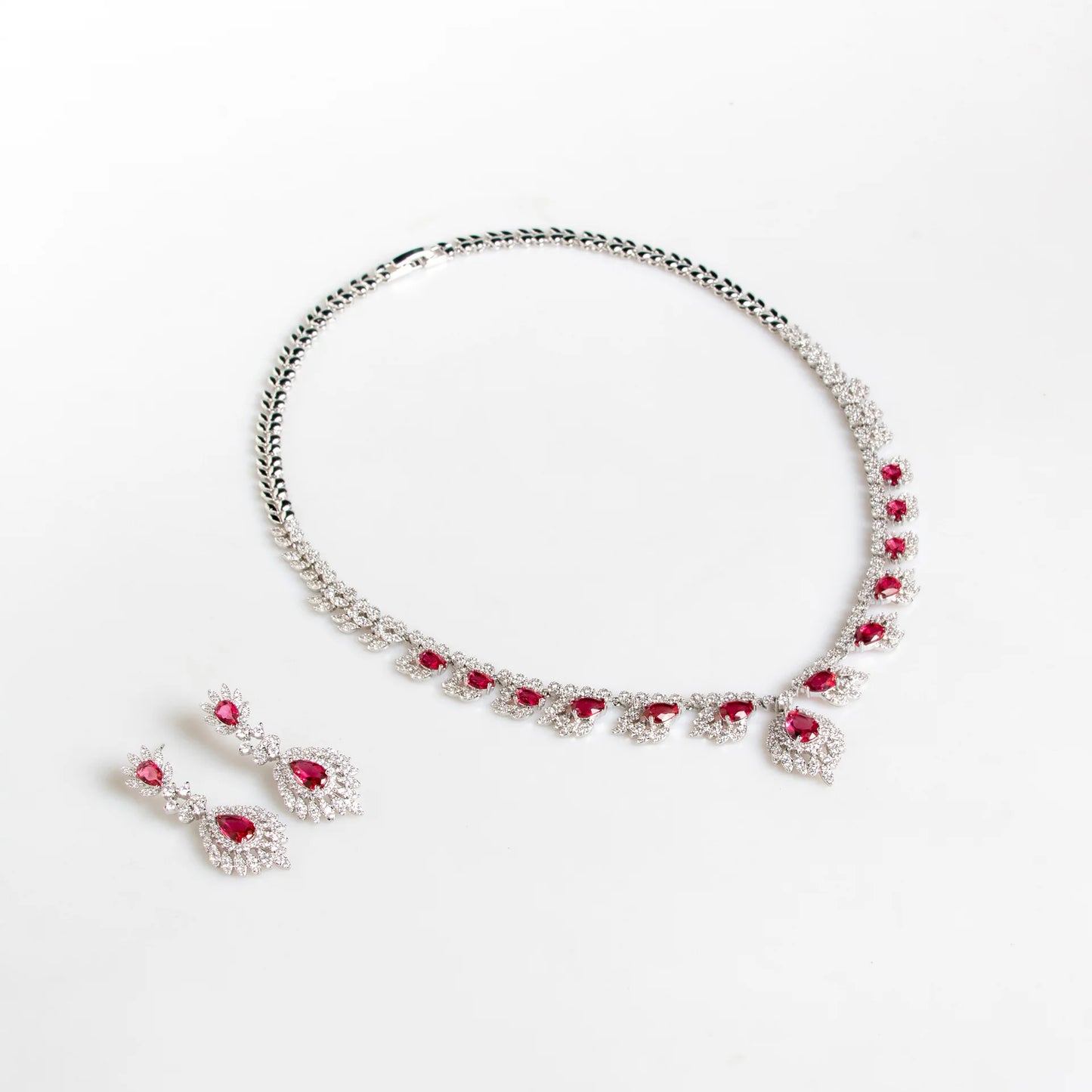 Luxury Pear-Cut Zirconia Floral Necklace & Earrings Bridal Set — Rhodium Plated