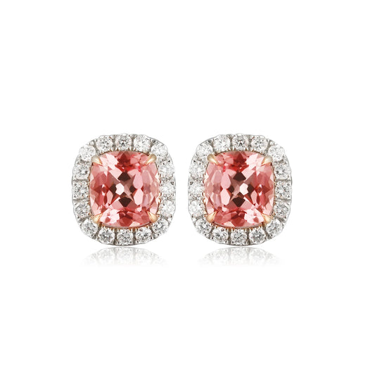 Gemfiori 18K Gold Lab Grown Padparadscha Stud Earrings Cushion Cut Brilliant Sparkle for Fashion Dinner Party