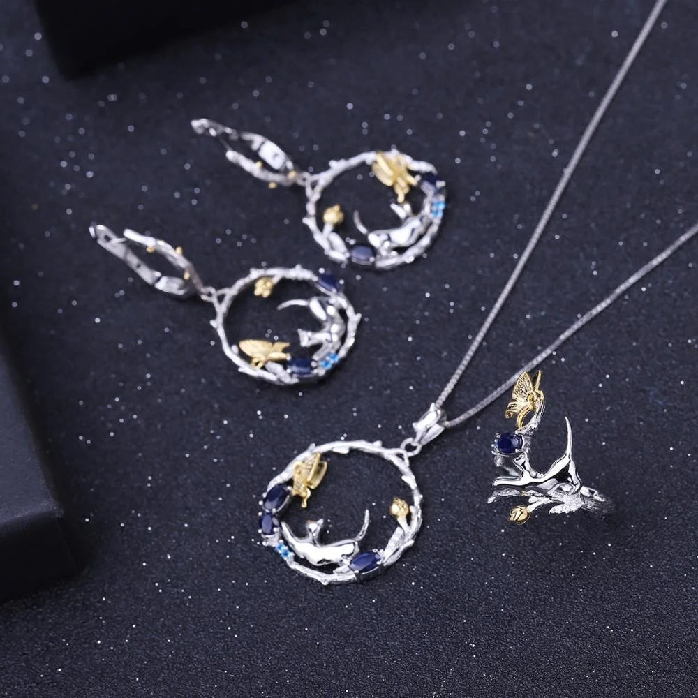 ArtistA Abiding OEM Jewelry Set 925 Sterling Silver Ring Earring Necklace Gemstone Sapphire Cat & Butterfly Women Jewelry Set