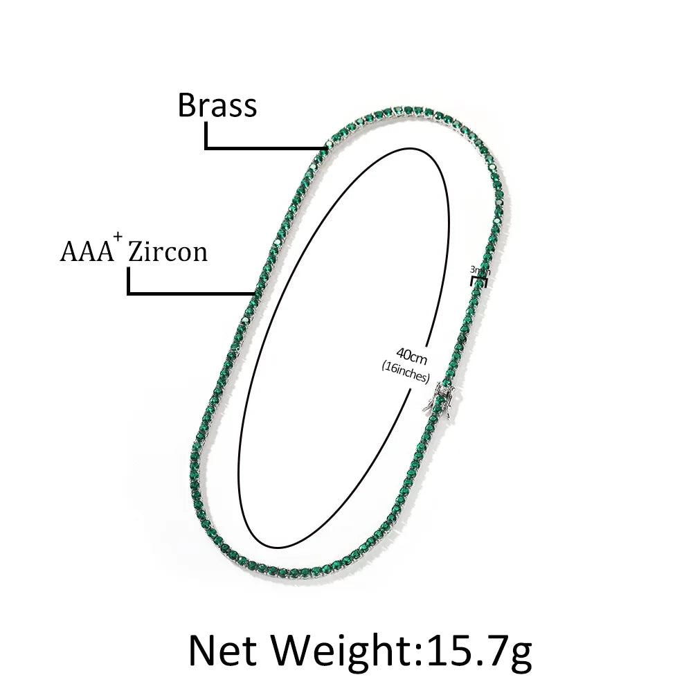 Cunyan 2025 Luxury Green Zircon Tennis Necklace for Men and Women Trendy Jewelry 3mm Diameter Zircon Chain Choker Necklace