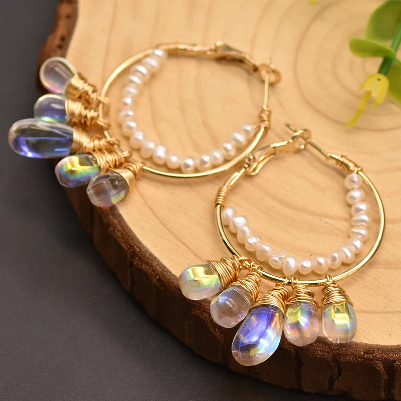 Natural Fresh Water Pearl Hoop Earrings for Women 925 Sterling Silver Colorful Tassel Drop Earrings