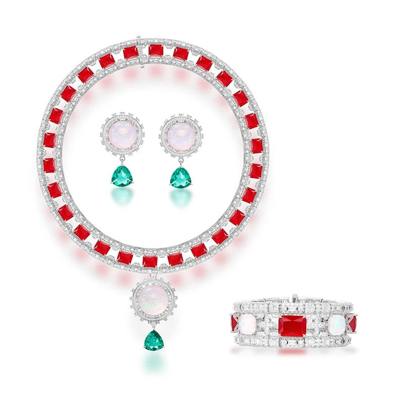 Exquisite and Gorgeous Bridal Wedding 3-Piece Set Unique Opal Zircon Necklace Earrings Bracelet As Large Exhibition Accessories