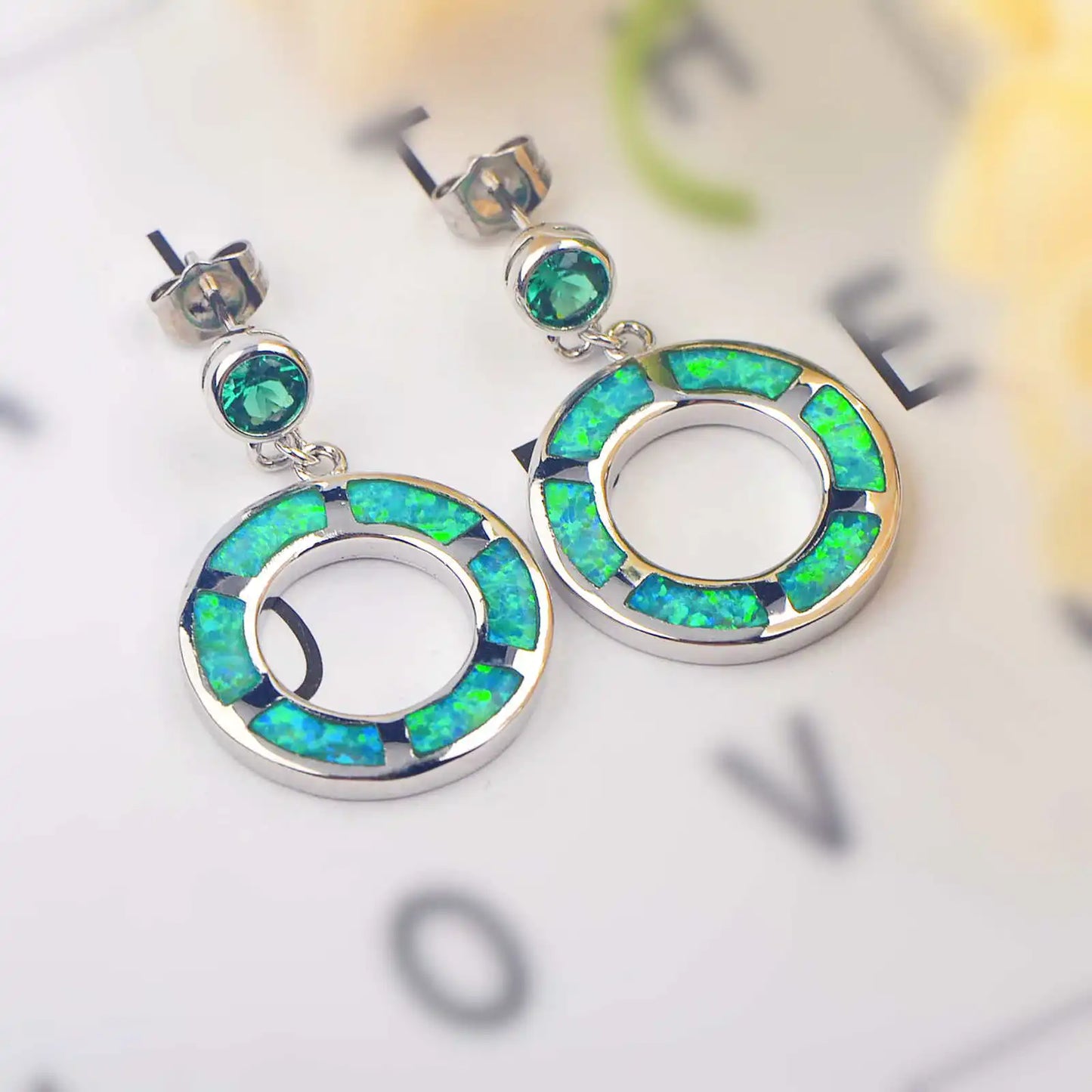 Retro Green Opal Pendant Earrings Brass Silver Plated Geometric Christian Minimalist Round Circle Jewelry for Women