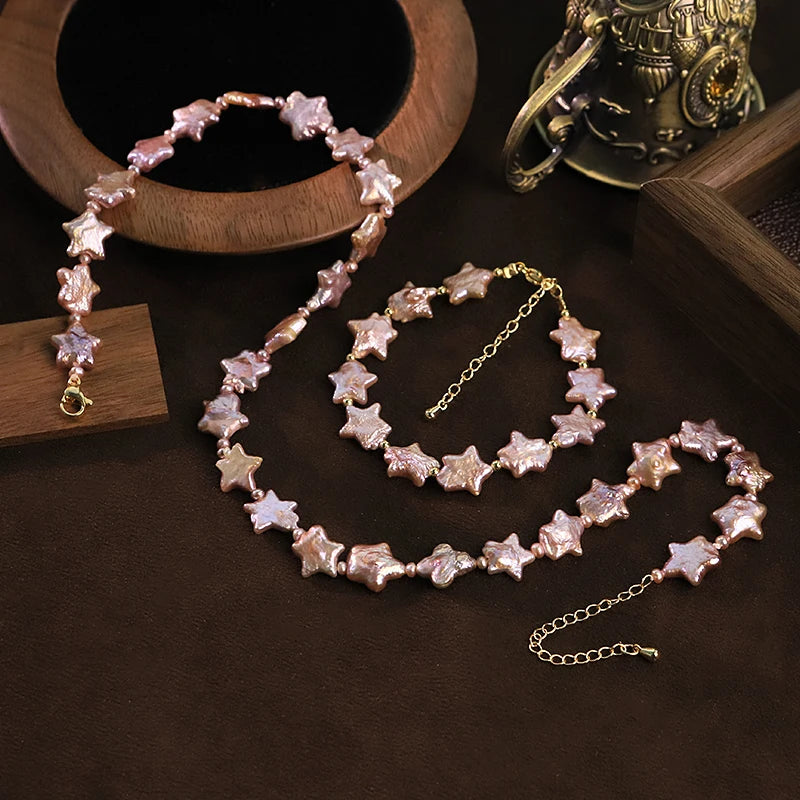 GLSEEVO Natural Purple Star Shaped Baroque Pearl Jewelry Set for Mother's Day Gift Pearl Necklace Bracelet Set Fashion Jewelry