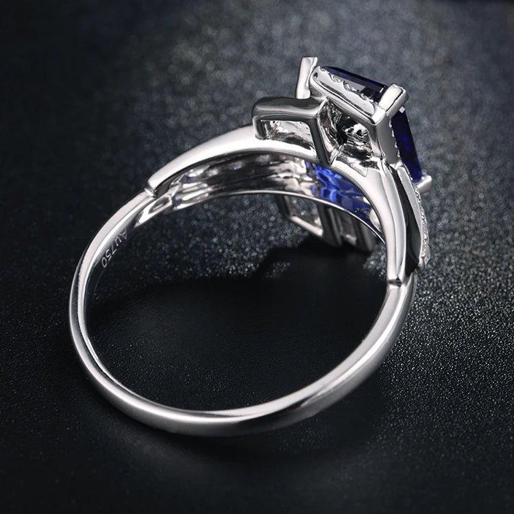 Gemfiori Anster 18K Gold Wedding Ring with 10ct Sapphire Gemstone Big Emerald Cut Butterfly Designs Blue Sapphire Stone Fine Rings