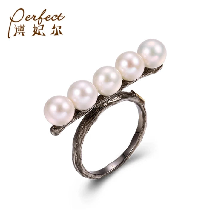 Freshwater Pearl 925 Sterling Silver Black Gold Plated Ring Jewelry