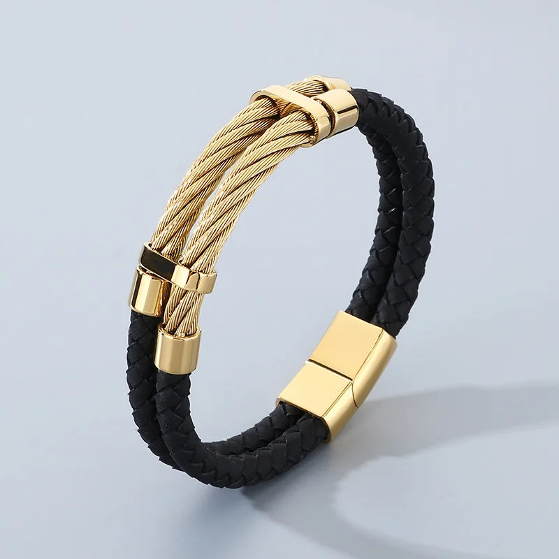 REBEL Trendy Original Unisex Leather Stainless Steel Jewelry Bangle Bracelet
