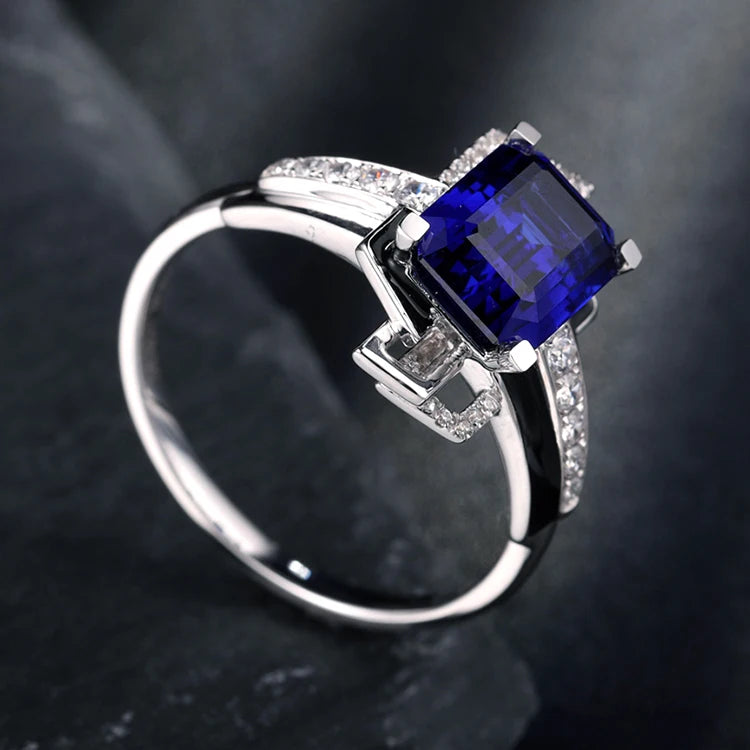 Gemfiori Anster 18K Gold Wedding Ring with 10ct Sapphire Gemstone Big Emerald Cut Butterfly Designs Blue Sapphire Stone Fine Rings