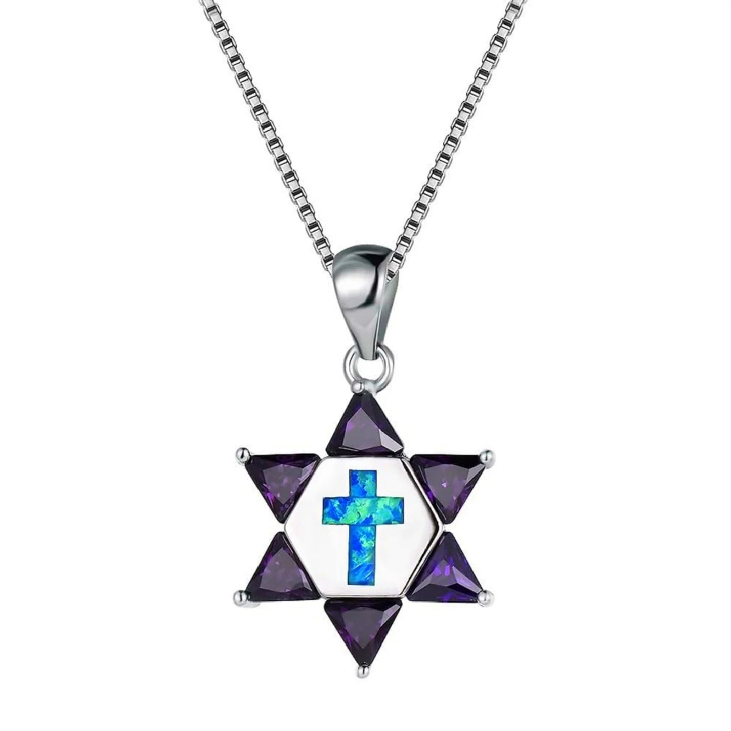 Hawaii Beach Zircon hexagonal Star Women's Lab Created Blue Silver Plated Copper Alloy Box Chain Necklace for Anniversary