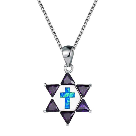 Hawaii Beach Zircon hexagonal Star Women's Lab Created Blue Silver Plated Copper Alloy Box Chain Necklace for Anniversary