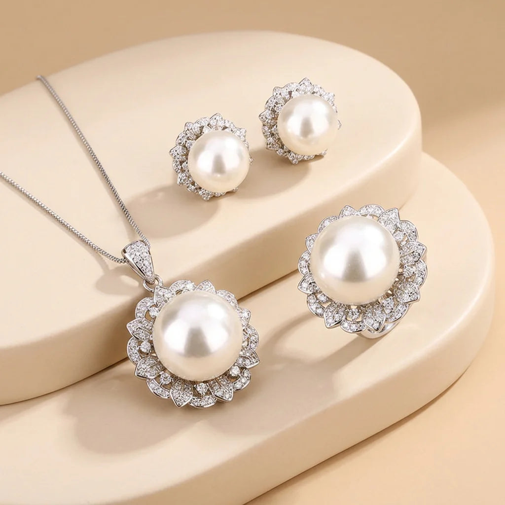 Factory Wholesale Eco-friendly Copper Round 16-12mm White Shell Pearl Fashion Bridal Jewelry Set for Women