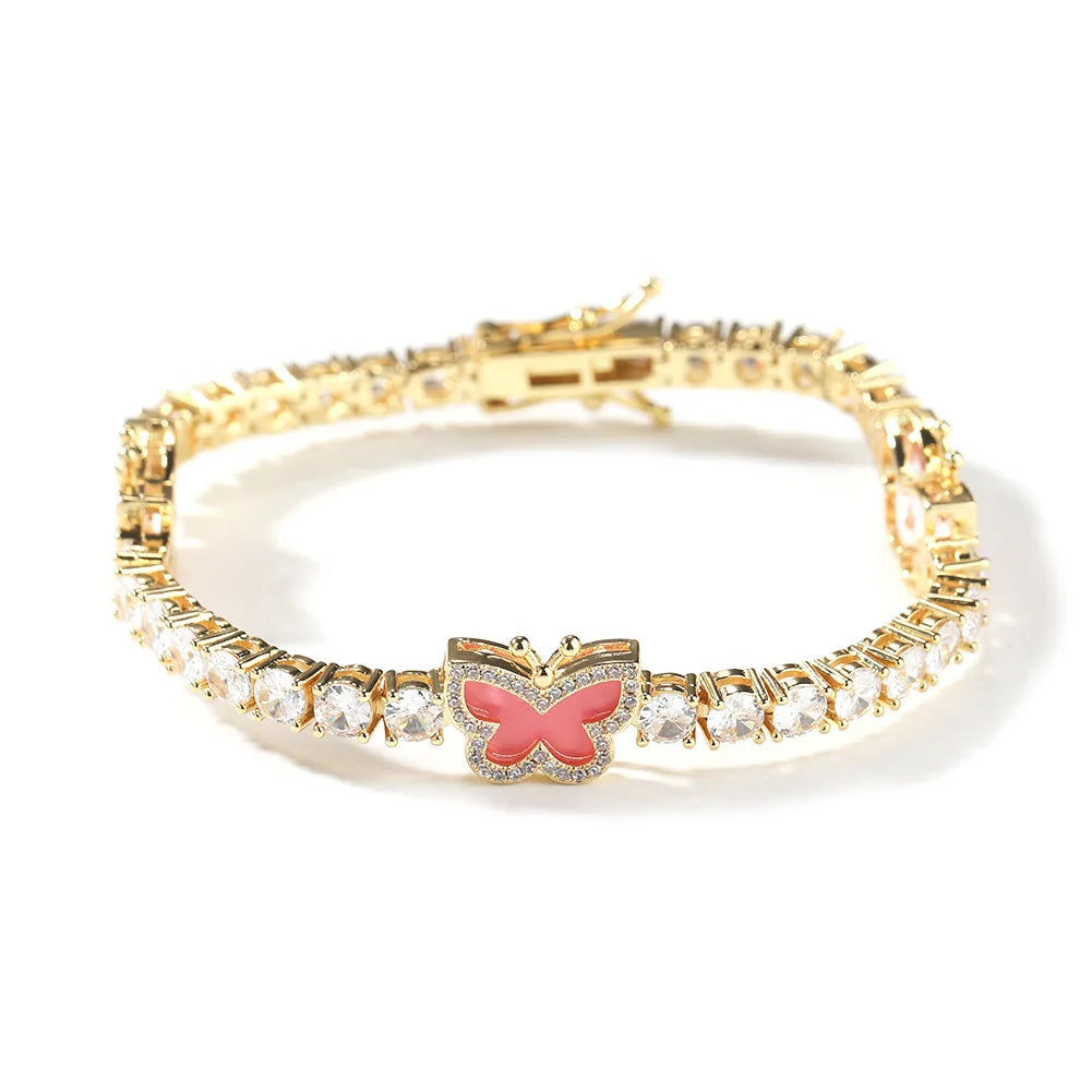 S&S Fashion 4mm Gold Plated Brass Cubic Zirconia Diamond Colorful Butterfly Punk Tennis Bracelet Chain