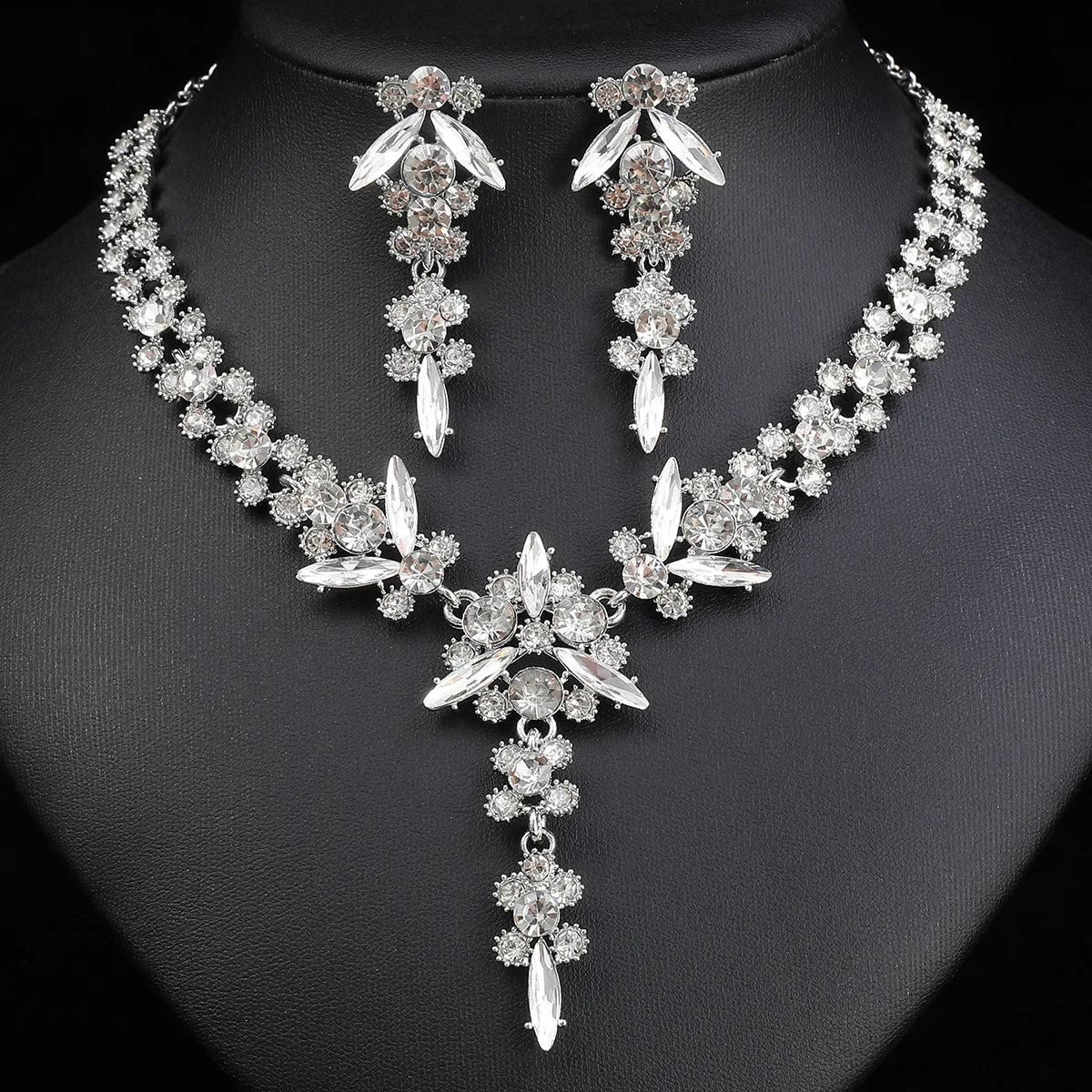 Crystal Rhinestone Geometric Bridal Necklace & Earrings Set | Wedding Banquet Fashion Jewellery | 6 Colours