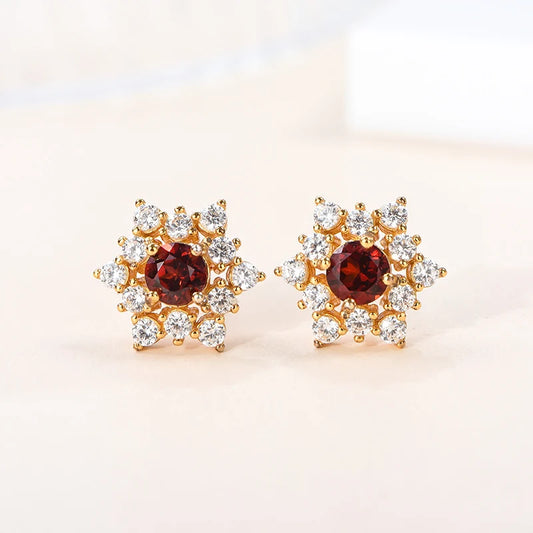 Gioiellieri Genuine Natural Garnet Brilliant Cut Women's Stud Earrings 18K Gold Plated 925 Sterling Silver Setting Hypoallergenic Gift Party
