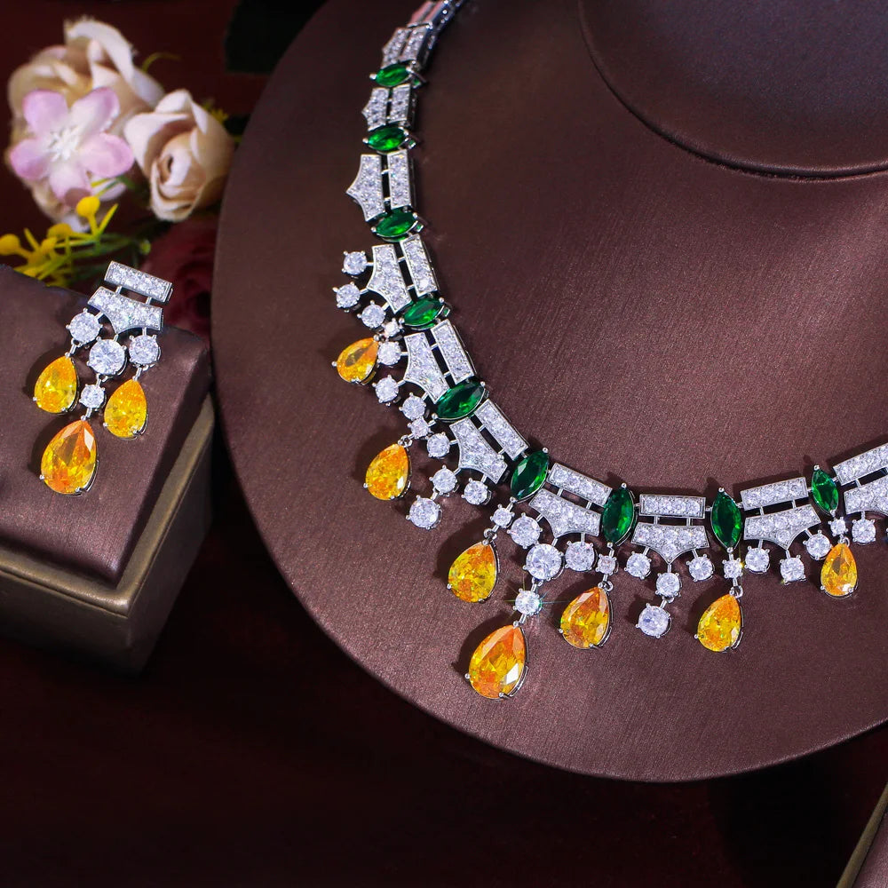 Glamorous Yellow Cubic Zirconia Dangle Water Drop Wedding Party Bridal Necklace Pageant Jewelry Sets for Women