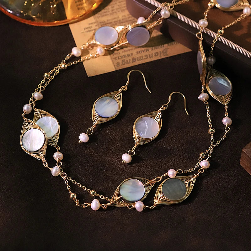 GLSEEVO Natural Freshwater Pearl & Shell Necklace & Earrings Set — Luxury Design for Gifting & Banquet